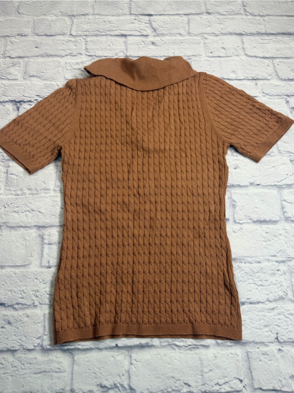Varley Camel Color Cable-Knit Quarter Zip Short Sleeve Sweater. Size Small. - Picture 7 of 8